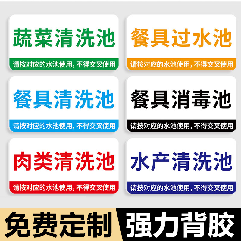 4D管理清洗池标识牌蔬菜肉类餐具洗菜池指示牌厨房餐具分类水池标志牌墙贴餐厅酒店后厨卫生检查指示分区牌子