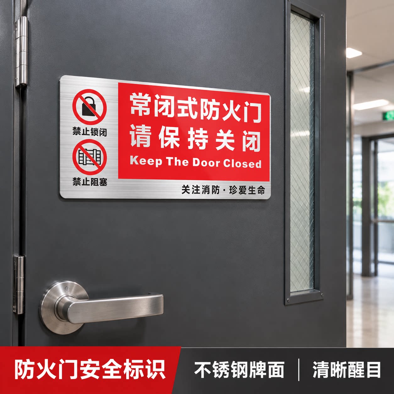 不锈钢常闭式防火门标识牌消防箱柜门常开式警示牌消火栓消防栓标牌消防安全请保持关闭状态提示标志牌可定制