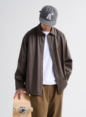 NUMBERSALT25AW日系休闲复古宽松长袖老钱风分割免烫皮衬衫外套男