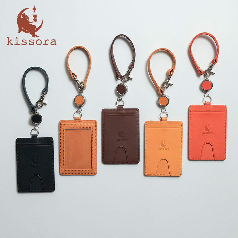 日本进口直邮工作证卡包卡套头层牛皮卡夹拉绳伸缩挂件卡片保护套