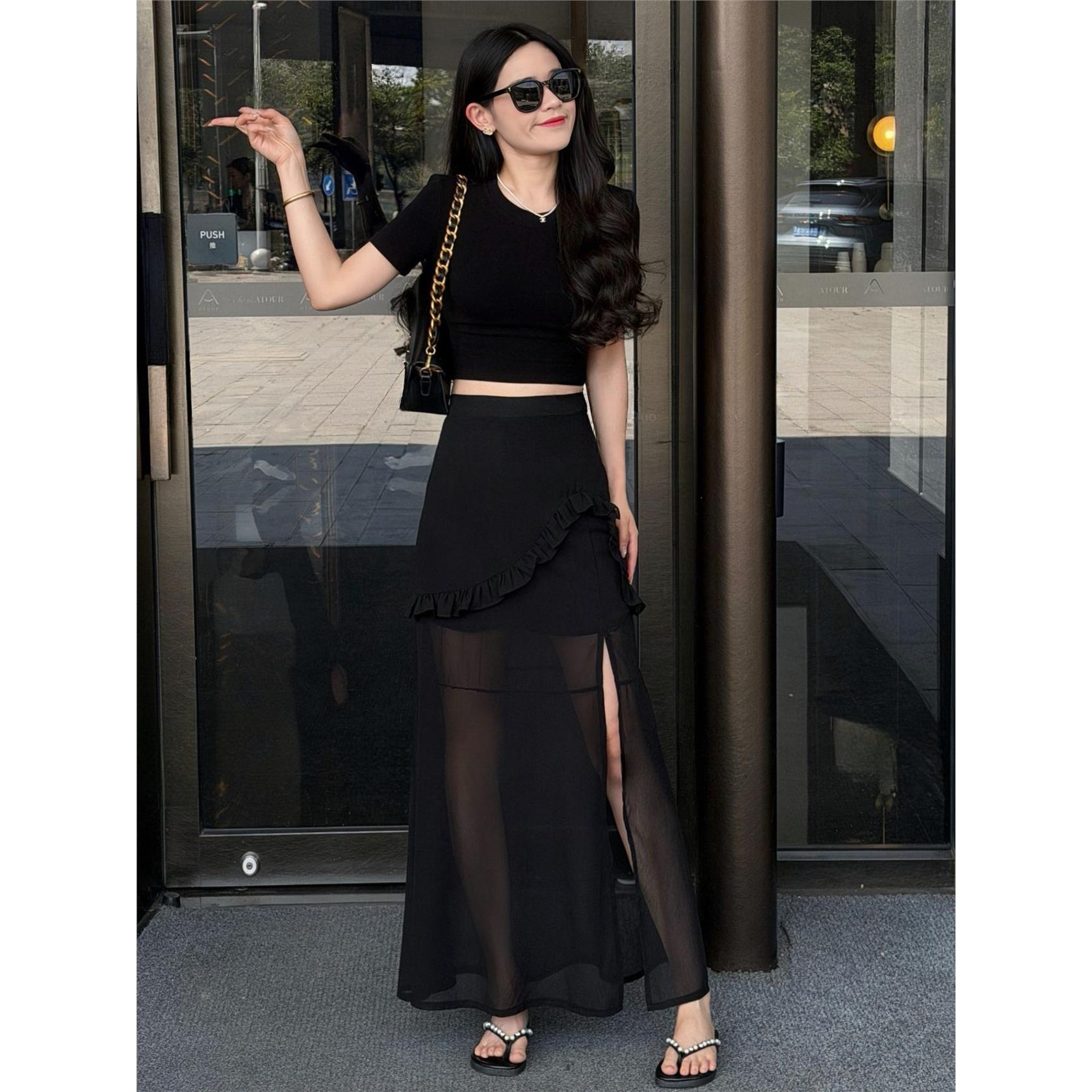 韩系复古不规则荷叶边黑