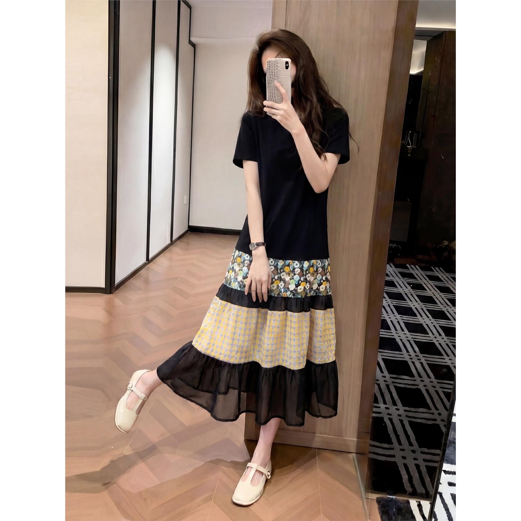 大码假两件碎花连衣裙女