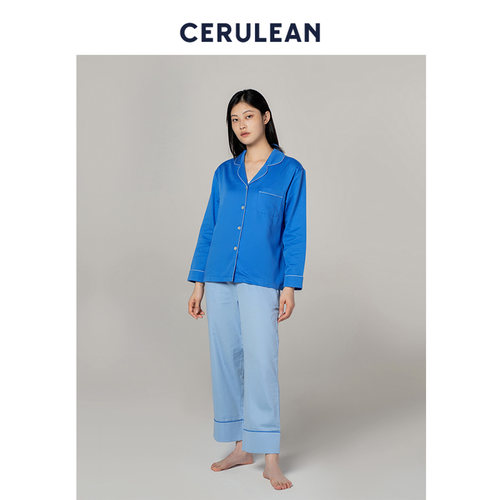 CERULEAN/蔚澜蓓柔棉全棉睡衣女 撞色可外穿长袖纯棉家居服套装