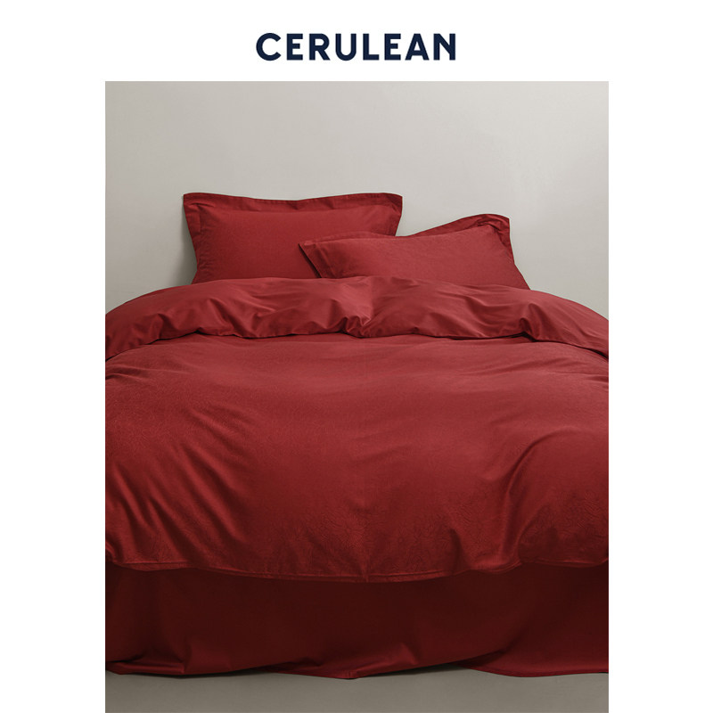 CERULEAN蔚澜全棉染色提花四件套 大红色婚庆纯棉被套轻奢高级感