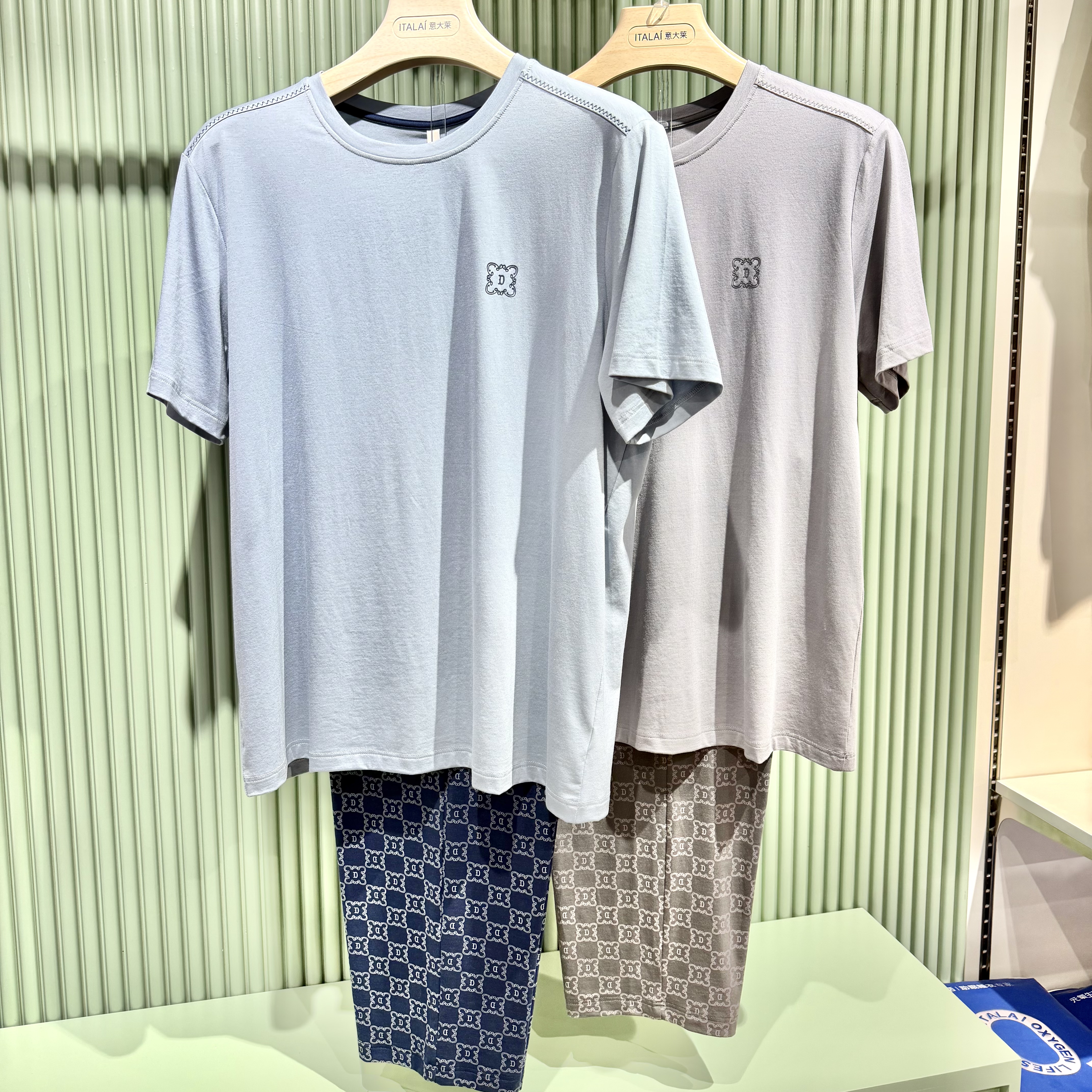 意大莱春夏男士太极石纤维圆领半袖长裤睡衣家居服套装6A253