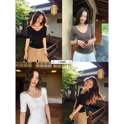 pusumede 纸片人|正反两穿v领/U领五分袖t恤女修身气质中袖上衣