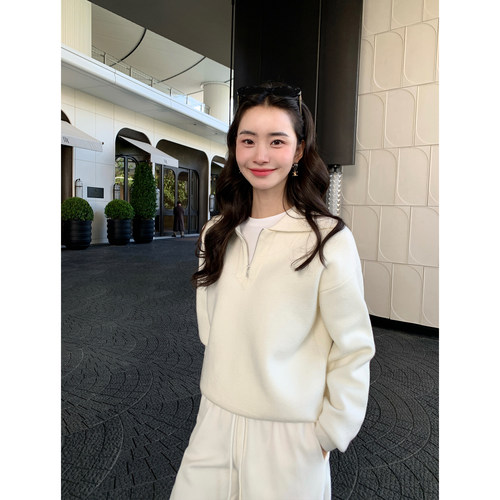 pusumede 随性范本 灰色半拉链套头毛衣女宽松保暖翻领针织上衣