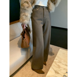 休闲拖地裤 小众高腰宽松阔腿裤 女秋冬新款 pusumede加绒复古牛仔裤