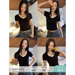 显瘦针织短款 pusumede 小众修身 撞色v领短袖 上衣 正肩t恤女夏新款