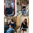 蕾丝拼接斜肩卫衣女别致露肩上衣 层次叠穿 pusumede 现货7折