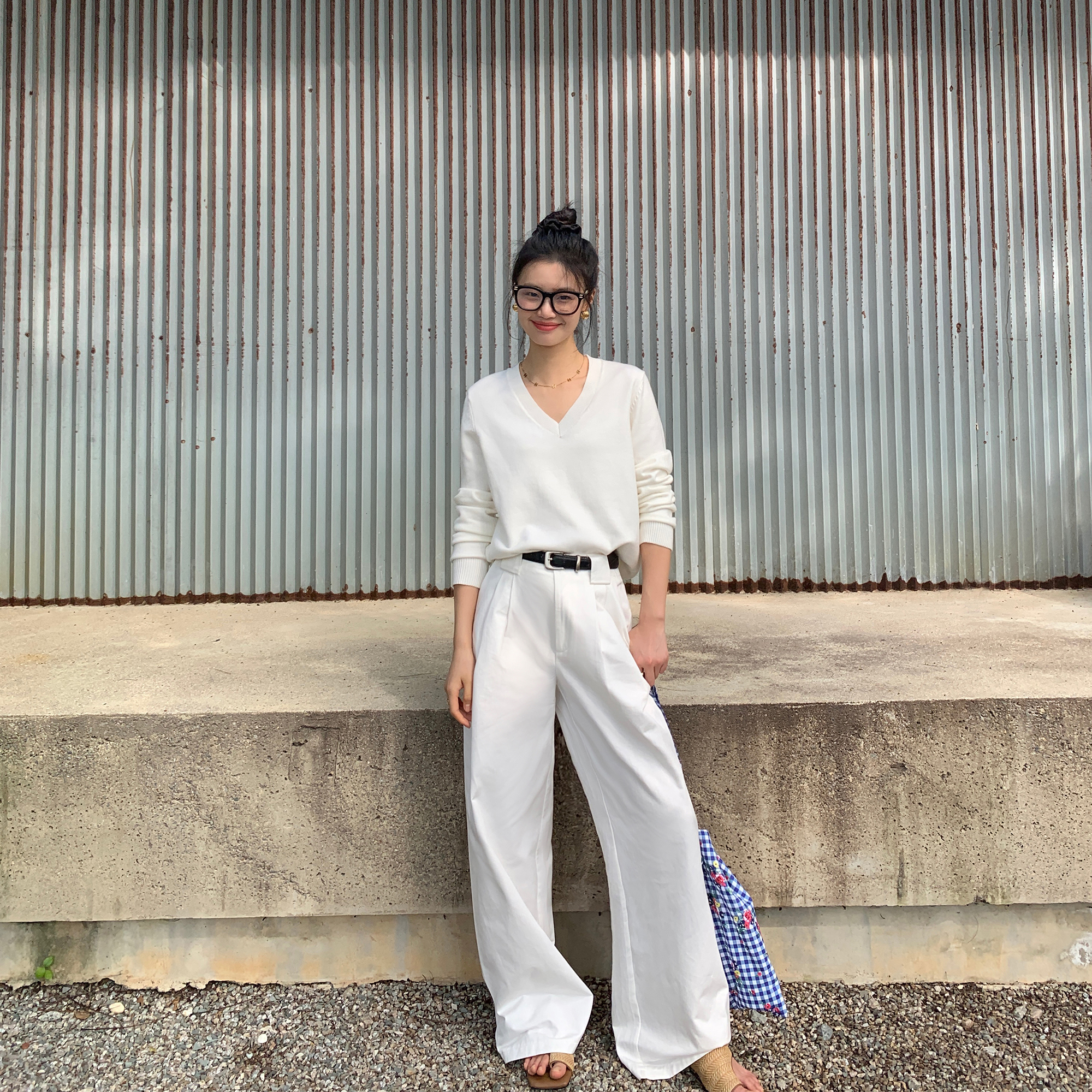 pusumede 白色高腰阔腿裤女2025直筒拖地裤宽松显瘦垂感休闲长裤