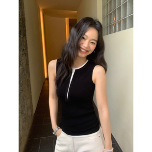 无袖 撞色假两件针织背心女外穿韩系修身 上衣 现货7折 pusumede