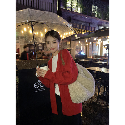 红色宽松v领毛衣开衫女外套上衣