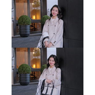 pusumede 低调慵懒风 斜翻领绵羊毛双面呢外套女气质长款毛呢大衣