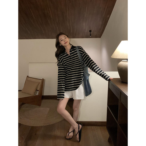 条纹定律polo衫长袖T恤女设计感