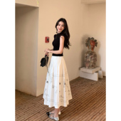 pusumede 趣味涂鸦 白色半身裙女宽松遮胯大裙摆a字伞裙小众裙子