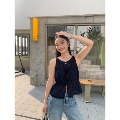pusumede 海德庄园 法式圆领镂空绑带背心女别致刺绣小衫无袖上衣
