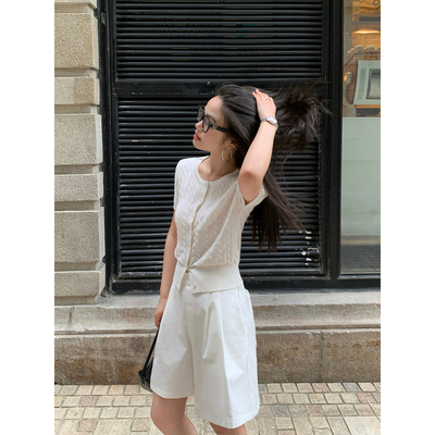 pusumede 时髦减龄 白色休闲短裤女夏季松紧腰宽松直筒阔腿五分裤