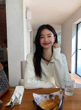 pusumede miu系学姐 polo领毛衣女休闲慵懒风宽松v领套头针织上衣