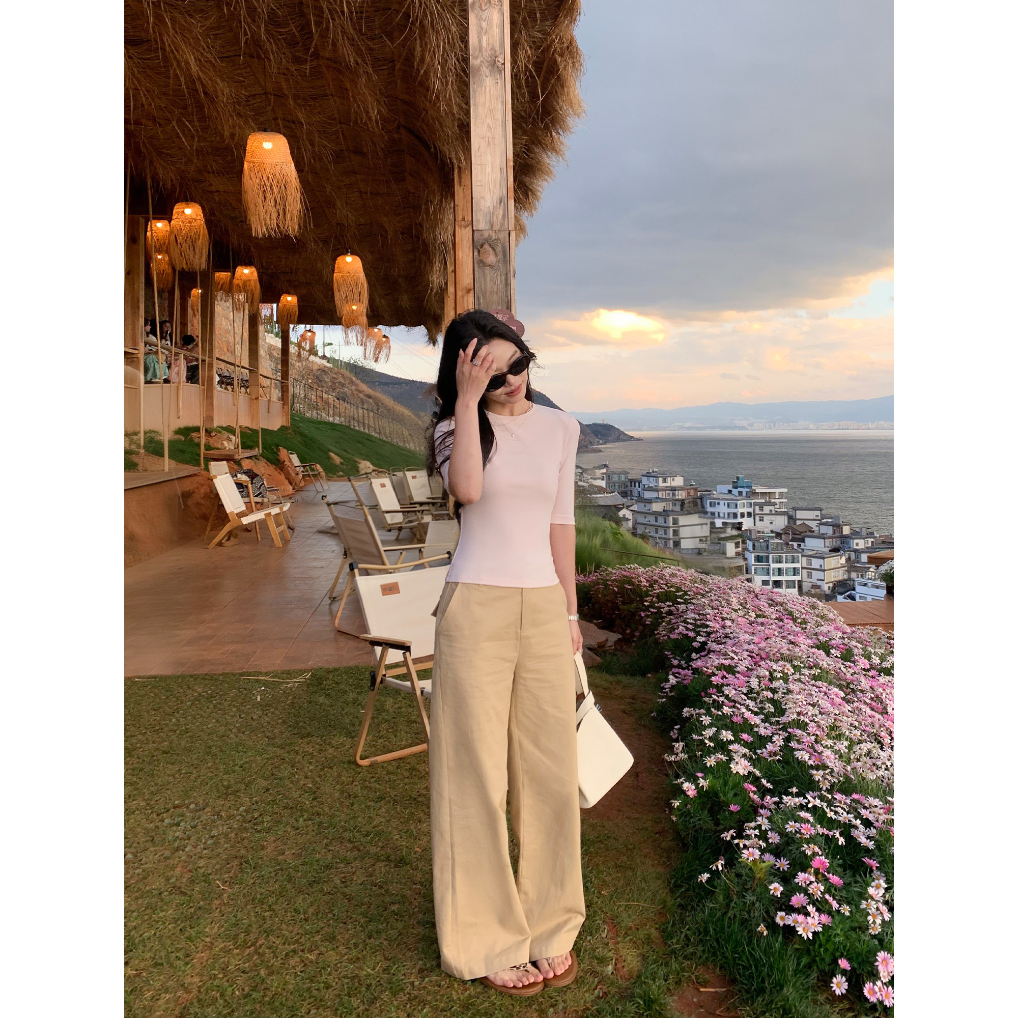 pusumede 质感在线 卡其色宽松阔腿裤女简约休闲全棉直筒裤长裤