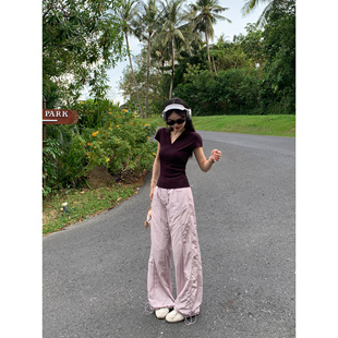 现货5折 女高腰阔腿休闲裤 抽绳伞兵裤 裤 子 工装 pusumede