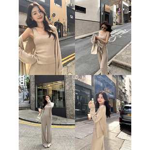 女吊带背心垂感休闲裤 pusumede 开衫 温柔针织长袖 三件套 琥珀午后