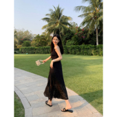 pusumede黑色法式 吊带连衣裙女荷叶边开叉裙子气质雪纺裙度假长裙