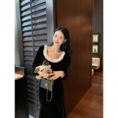 pusumede高级感丝绒连衣裙女收腰气质名媛包臀鱼尾裙中长款 裙子