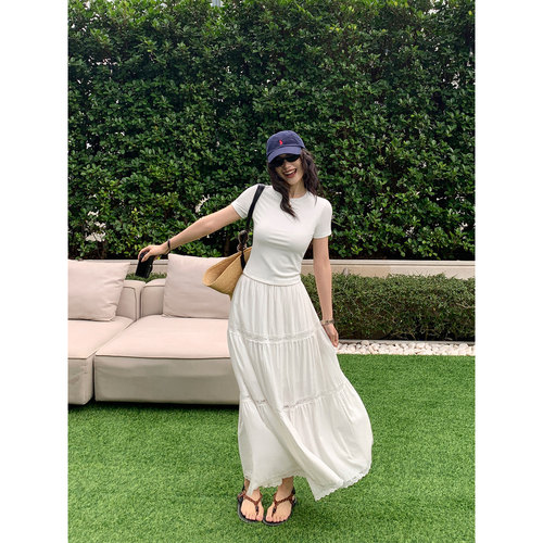 白色半身裙女蕾丝拼接蛋糕裙长裙