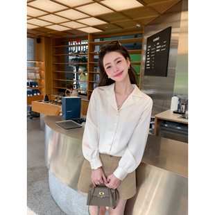 pusumede 智性模式 高级感法式缎面衬衫女v领气质简约通勤衬衣