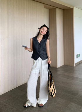 pusumede松弛感~1OO亚麻阔腿休闲裤女薄款宽松抽绳气质慵懒长裤