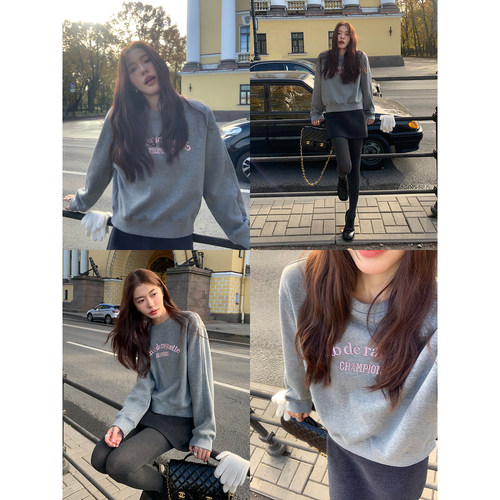 短款圆领刺绣卫衣女无帽套头上衣