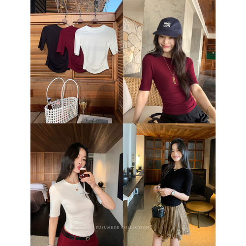 经典圆领中袖T恤女修身针织上衣