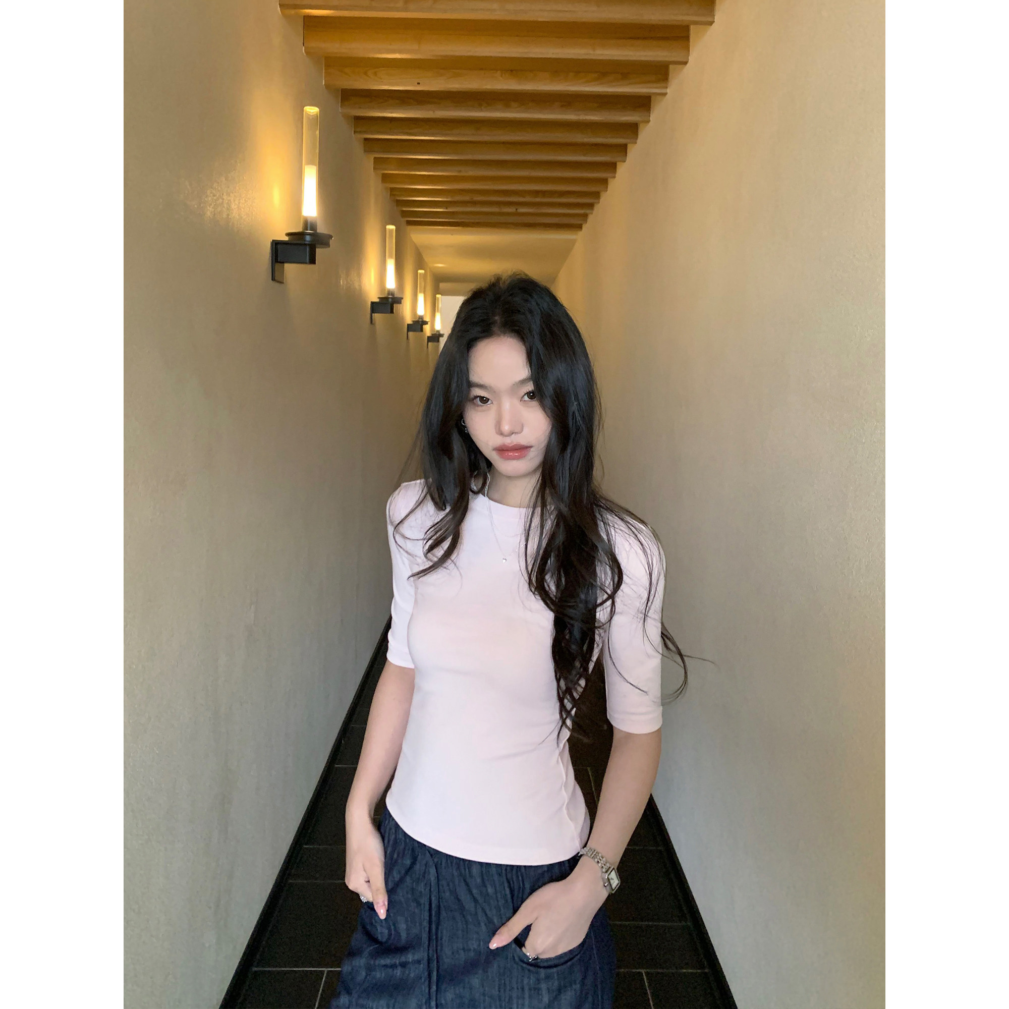 pusumede 基础百搭 正肩圆领五分袖T恤女简约气质修身中袖上衣