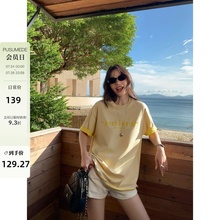 pusumede 撞色圆领短袖T恤女夏季纯棉设计感刺绣宽松休闲正肩上衣
