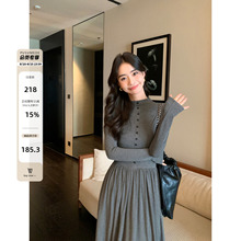 pusumede 黑色长袖针织连衣裙女秋冬韩系收腰修身气质打底裙长裙