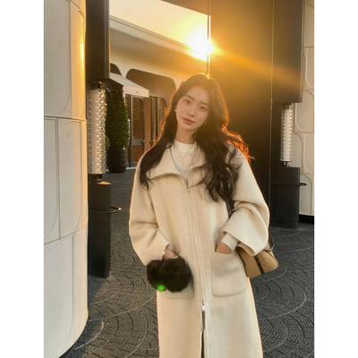 pusumede 重磅奢级 羊毛翻领双面呢大衣女气质拉链中长款毛呢外套