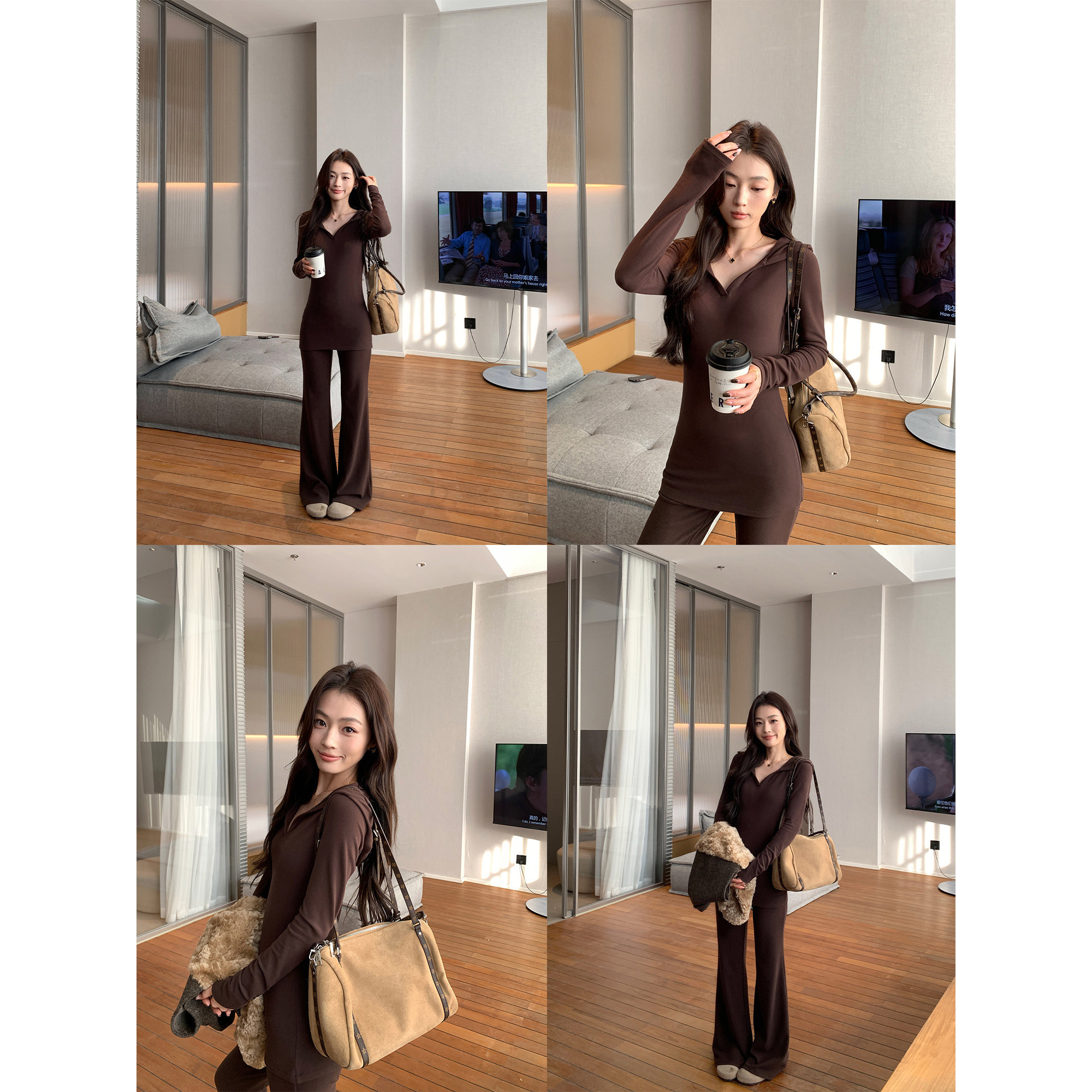 pusumede 实穿美学 经典V领连帽内搭针织衫女微喇叭休闲裤套装,女装/女士精品,时尚套装,淘宝优惠券,粉丝福利购,淘宝优惠卷