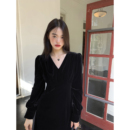 气质v领收腰显瘦中长款 法式 裙子 高级感丝绒连衣裙女新款 pusumede