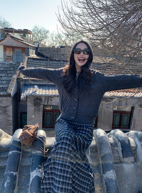 pusumede 【现货7折】复古格子半身裙女秋冬宽松a字裙中长款裙子