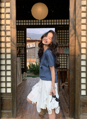 pusumede白色不规则半身裙女新款设计感小众荷叶边气质中长款裙子