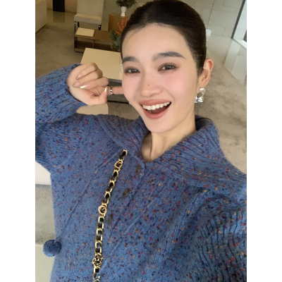 复古翻领宽松毛衣秋冬加厚针织衫