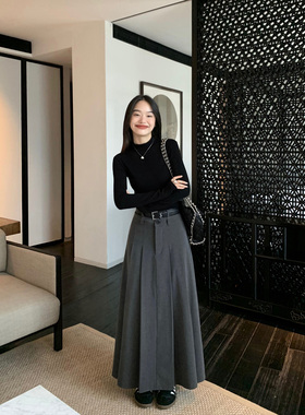 pusumede 高级感黑色百褶裙半身裙女百搭气质长裙高腰显瘦裙子