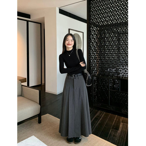 高腰百褶半身裙中长款