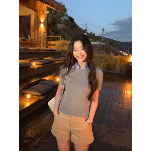 假两件衬衫领短袖针织衫上衣女