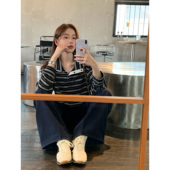 pusumede 复古条纹长袖 t恤女翻领设计感小众宽松休闲慵懒针织上衣