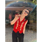 马甲背心女设计感小众无袖 pusumede 复古绣花v领针织开衫 叠穿上衣