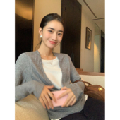 pusumede夹心tee撞色假两件长袖 针织衫 女秋冬宽松慵懒上衣