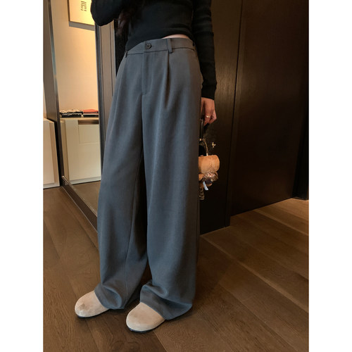 pusumede 舒适韵律 灰色垂感直筒西装裤女高级感通勤宽松阔腿长裤