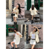 现货5折 白色休闲短袖 衬衫 pusumede 女宽松上衣韩版 百搭衬衣